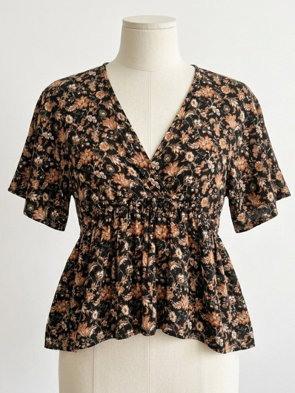 ZARA Black and Brown Bohemian Floral Print Flowy Flutter Sleeve Top - Size S